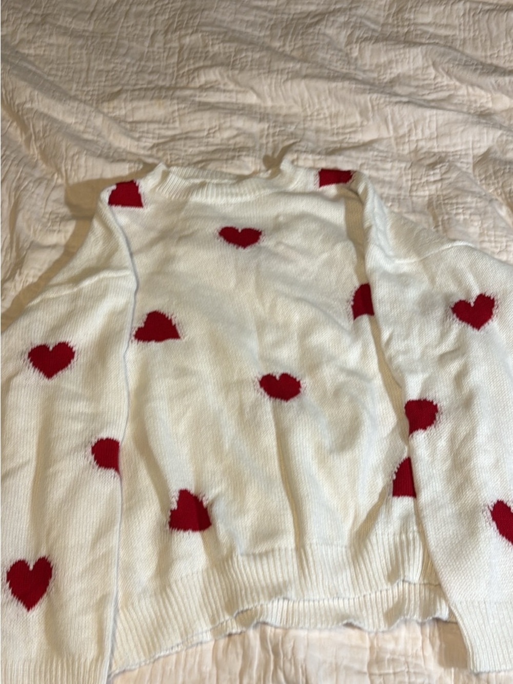 White Sweater with Red Heart Pattern - Women
